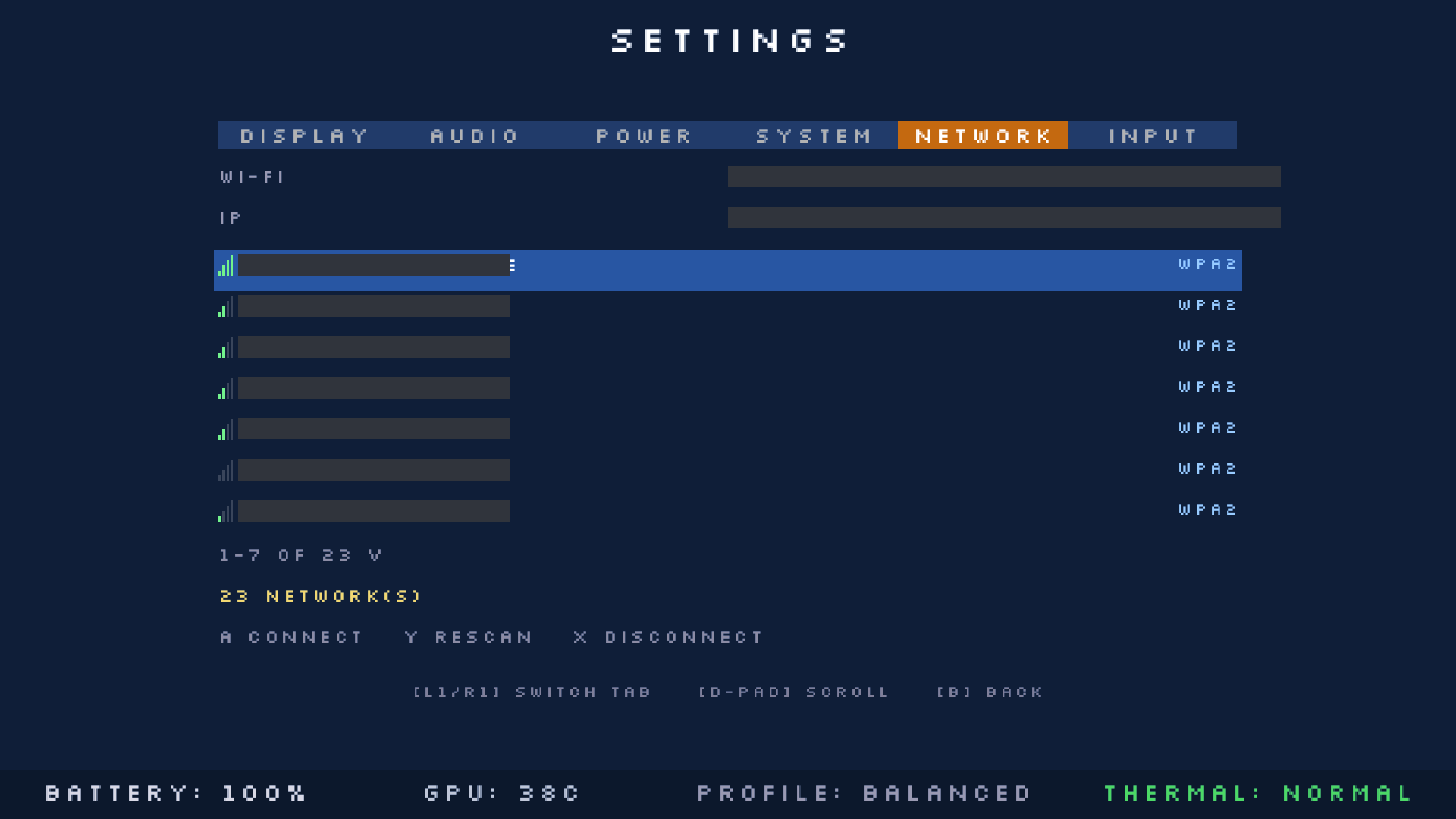 Wi-Fi settings on PlayOS: the network list and a connected status, with network names redacted — screenshot 9 of 10